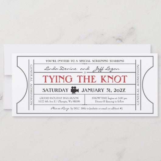 ヴィンテージ映画テーマのウェディングチケット招待状 招待状 (正面)
