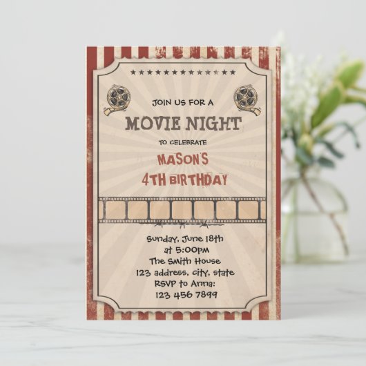 ヴィンテージ映画夜誕生日のパーティの招待状 招待状 (スタンド正面)