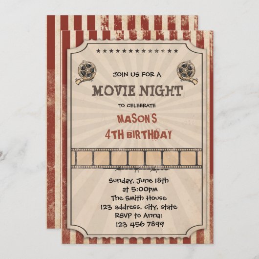 ヴィンテージ映画夜誕生日のパーティの招待状 招待状 (正面/裏面)
