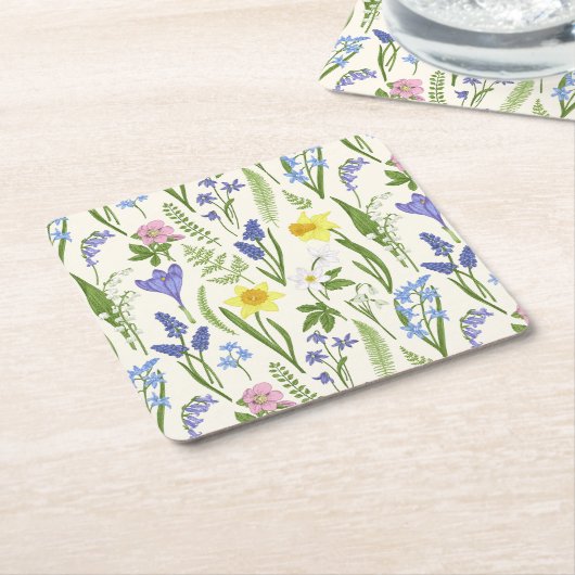 ヴィンテージ春の花とハーブ スクエアペーパーコースター (アングル)