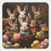 ヴィンテージ春イースターエッグバスケットバニーホップ スクエアシール (正面)