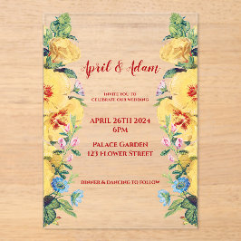 ヴィンテージ春サマーイエローフローラ結婚ズ アクリル招待状
