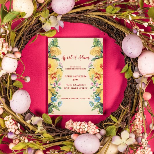 ヴィンテージ春サマーイエローフローラ結婚ズ 招待状