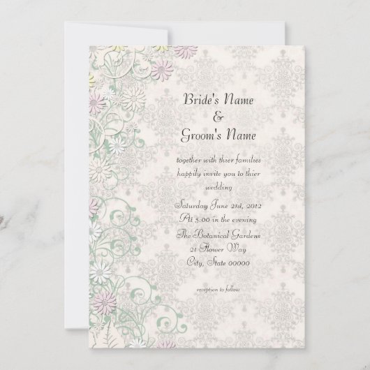 ヴィンテージ春ダマスクと花の結婚式の招待 招待状 (正面)