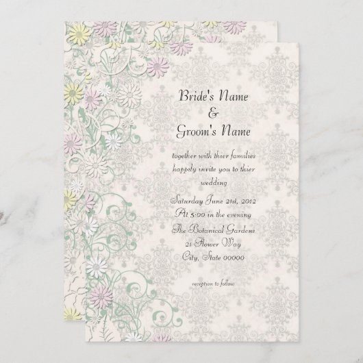 ヴィンテージ春ダマスクと花の結婚式の招待 招待状 (正面/裏面)