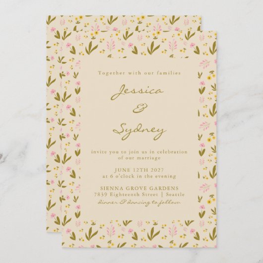 ヴィンテージ春ピンク緑の花のフローラ結婚ズ 招待状 (正面/裏面)