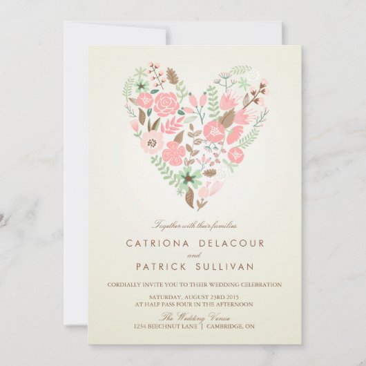 ヴィンテージ春フローラハート結婚式招待状 招待状 (正面)