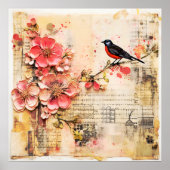 ヴィンテージ春フローラ及び鳥 ポスター (正面)