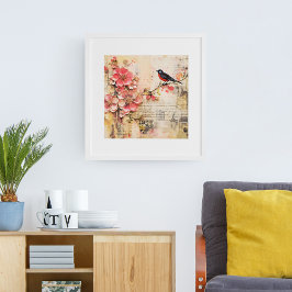 ヴィンテージ春フローラ及び鳥 ポスター