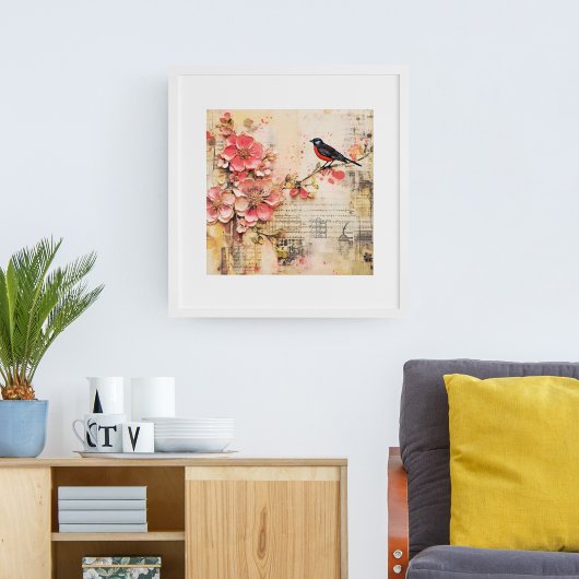 ヴィンテージ春フローラ及び鳥 ポスター