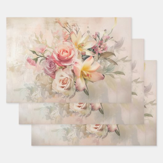 ヴィンテージ春花模様母の日 ラッピングペーパーシート (セット)