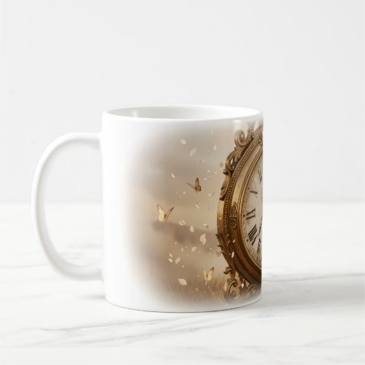 ヴィンテージ時計と蝶の花嫁 永遠のマグカップ コーヒーマグカップ (左)