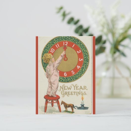 ヴィンテージ時計のおもちゃ馬とキャンドル新年 ポストカード (スタンド正面)