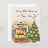 ヴィンテージ暖炉のクリスマスとニューイヤー シーズンカード (正面/裏面)