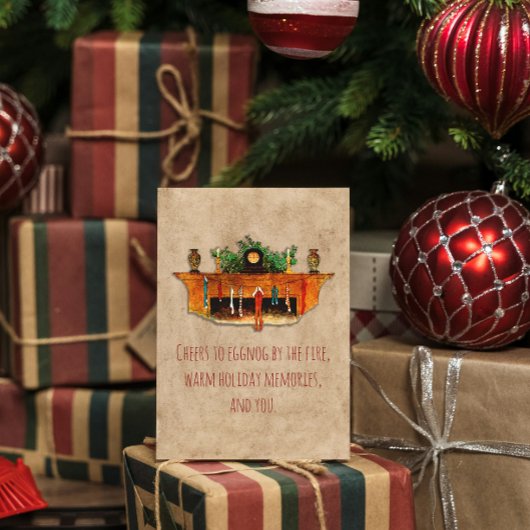 ヴィンテージ暖炉ストッキングホリーコージークリスマス シーズンカード