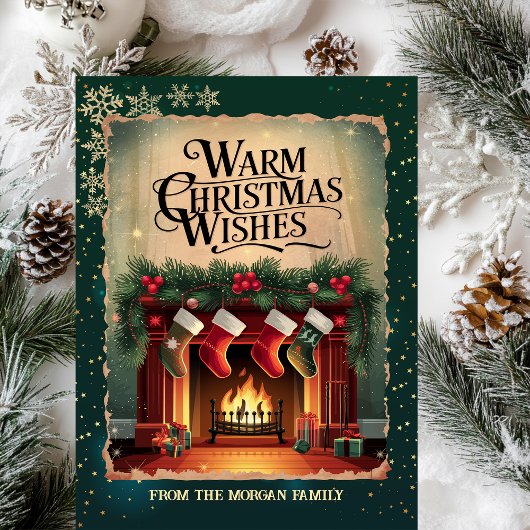 ヴィンテージ暖炉スノーフレークスグリーン シーズンカード