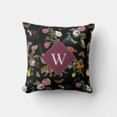 ヴィンテージ暗色植物動物林モノグラム クッション (正面)