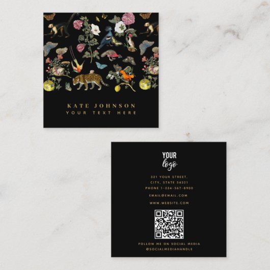 ヴィンテージ暗色植物野生動物 スクエア名刺 (正面/裏面)