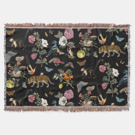 ヴィンテージ暗色植物野生動物 スローブランケット (正面)
