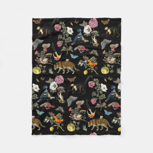 ヴィンテージ暗色植物野生動物 フリースブランケット (正面)