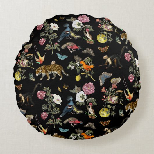 ヴィンテージ暗色植物野生動物 ラウンドクッション (正面)