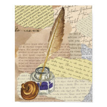 ヴィンテージ書とインクとクイルのコラージュ