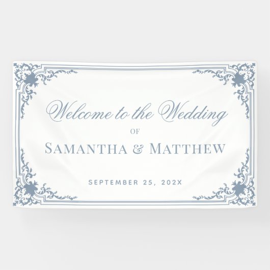 ヴィンテージ書ほこりっぽいブルーフレームホワイト結婚ズ 横断幕 (横)