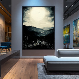 ヴィンテージ月明かりの猫、静かな夜行風景 ポスター