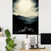 ヴィンテージ月明かりの猫、静かな夜行風景 ポスター (ホームオフィス)