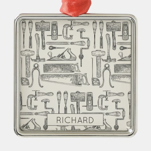 ヴィンテージ木工木工工工用具イラストレーション メタルオーナメント (正面)