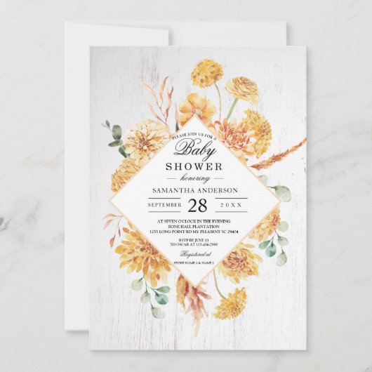 ヴィンテージ木材および水色イエローフラワーフレームInv 招待状 (正面)