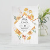 ヴィンテージ木材および水色イエローフラワーフレームInv 招待状 (スタンド正面)