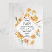 ヴィンテージ木材および水色イエローフラワーフレームInv 招待状 (正面/裏面)