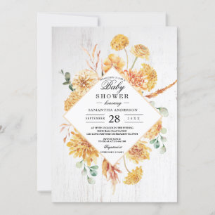 ヴィンテージ木材および水色イエローフラワーフレームInv 招待状