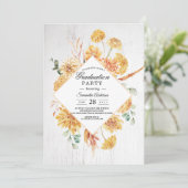 ヴィンテージ木材および水色イエローフラワーフレームInv 招待状 (スタンド正面)