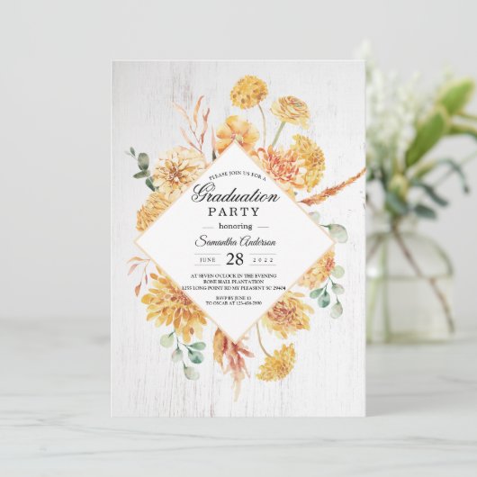 ヴィンテージ木材および水色イエローフラワーフレームInv 招待状 (スタンド正面)