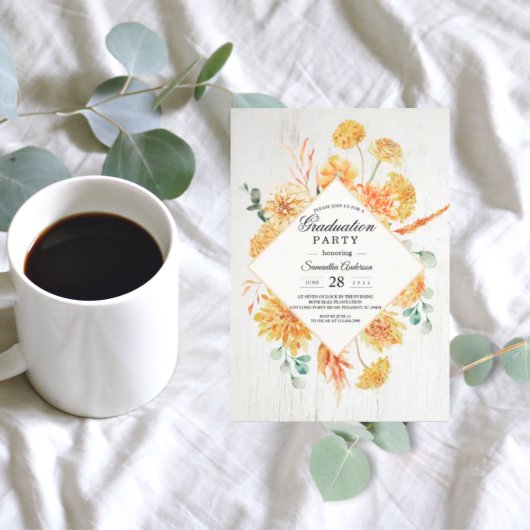 ヴィンテージ木材および水色イエローフラワーフレームInv 招待状