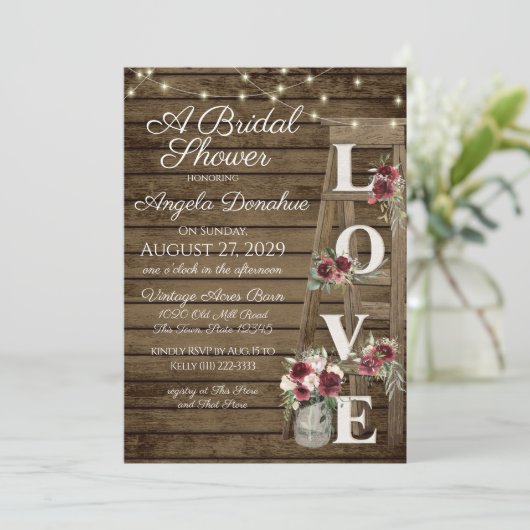ヴィンテージ木材ブルゴーニュフローラはしごブライダルシャワー 招待状 (スタンド正面)