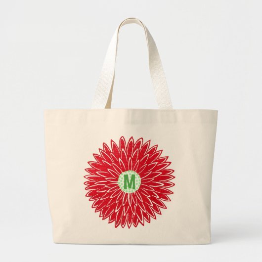 ヴィンテージ木版画 ピンクと赤の花の開花 ラージトートバッグ (正面)