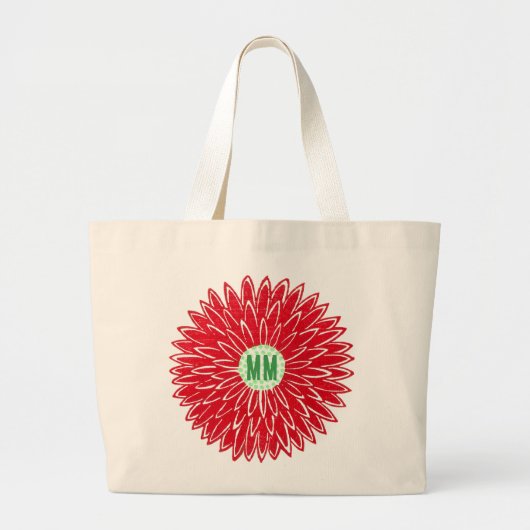 ヴィンテージ木版画 ピンクと赤の花の開花 ラージトートバッグ (正面)