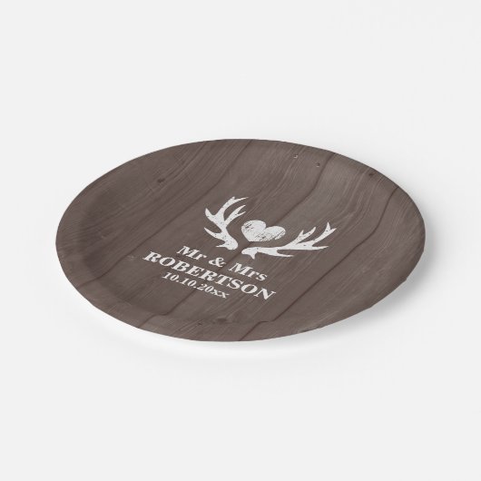 ヴィンテージ木目の鹿のアントラー結婚式パーティープレート ペーパープレート (アングル)