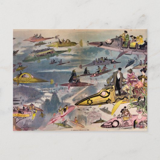 ヴィンテージ未来型飛んでいる機械カラーアート ポストカード (正面)