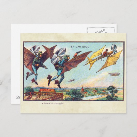 ヴィンテージ未来型飛んでいる機械カラーアート ポストカード (正面/裏面)