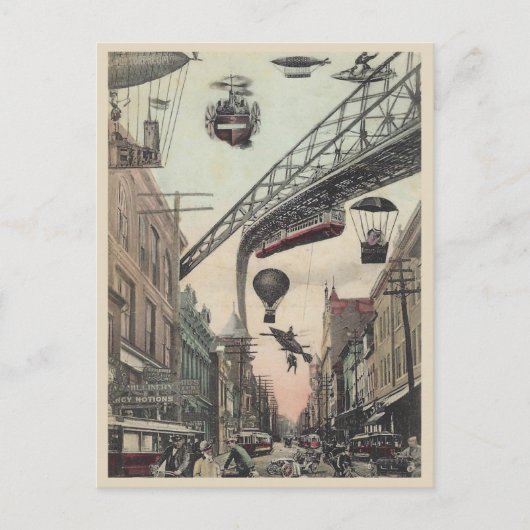 ヴィンテージ未来都市通り飛んでいる車 ポストカード (正面)
