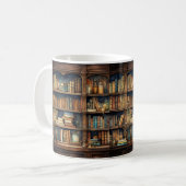 ヴィンテージ本が並ぶ図書館の本棚 コーヒーマグカップ (正面左)