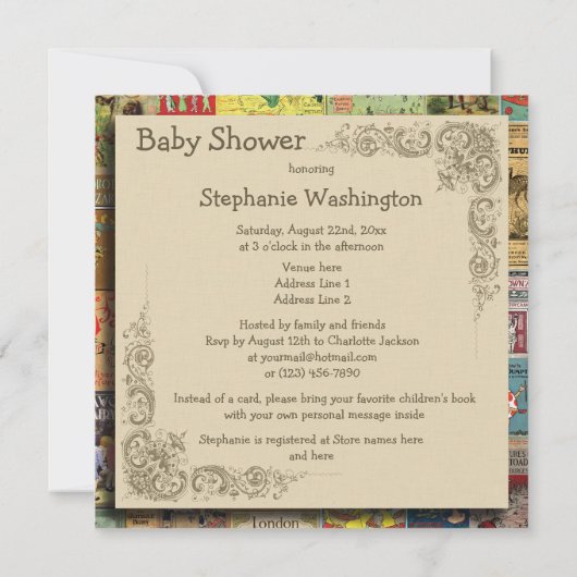 ヴィンテージ本が本の赤ちゃんシャワーを持ってくる 招待状 (裏面)