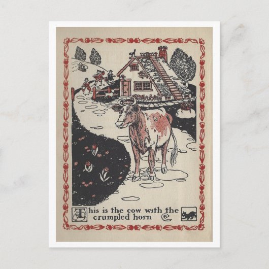 ヴィンテージ本イラストレーション角付き牛 ポストカード (正面)