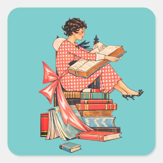 ヴィンテージ本好き読書イラスト スクエアシール (正面)