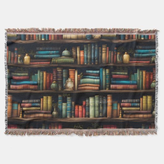 ヴィンテージ本棚の図案 スローブランケット (正面)