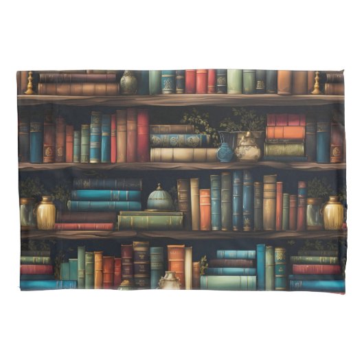 ヴィンテージ本棚の図案 枕カバー (正面)